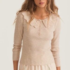 NWT LoveShackFancy Siella Pullover wool cashmere Sweater with Scalloped Collar